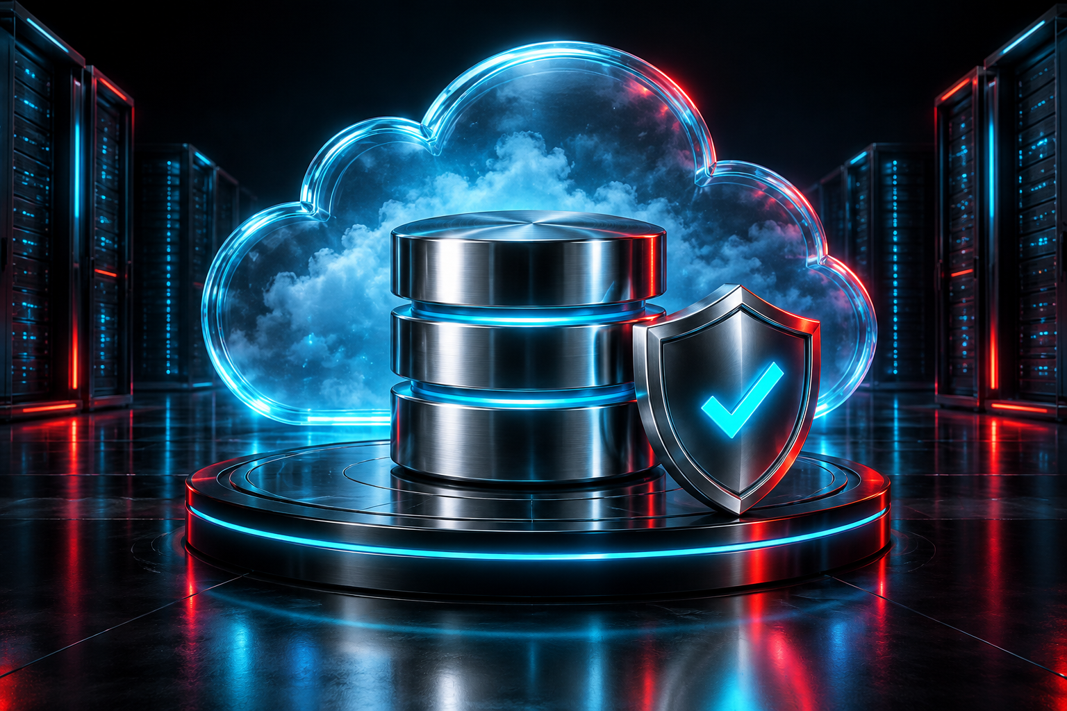 Base de données, cloud et bouclier de protection, illustration 3D