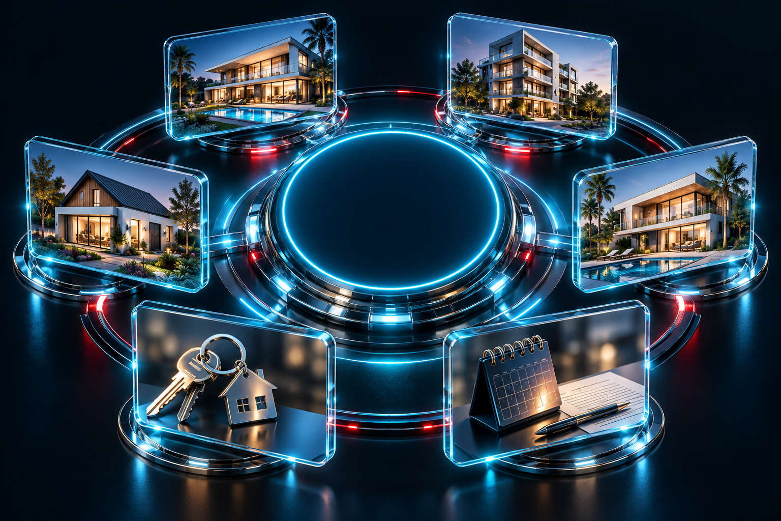 Cockpit immobilier 3D avec biens, clés et agenda