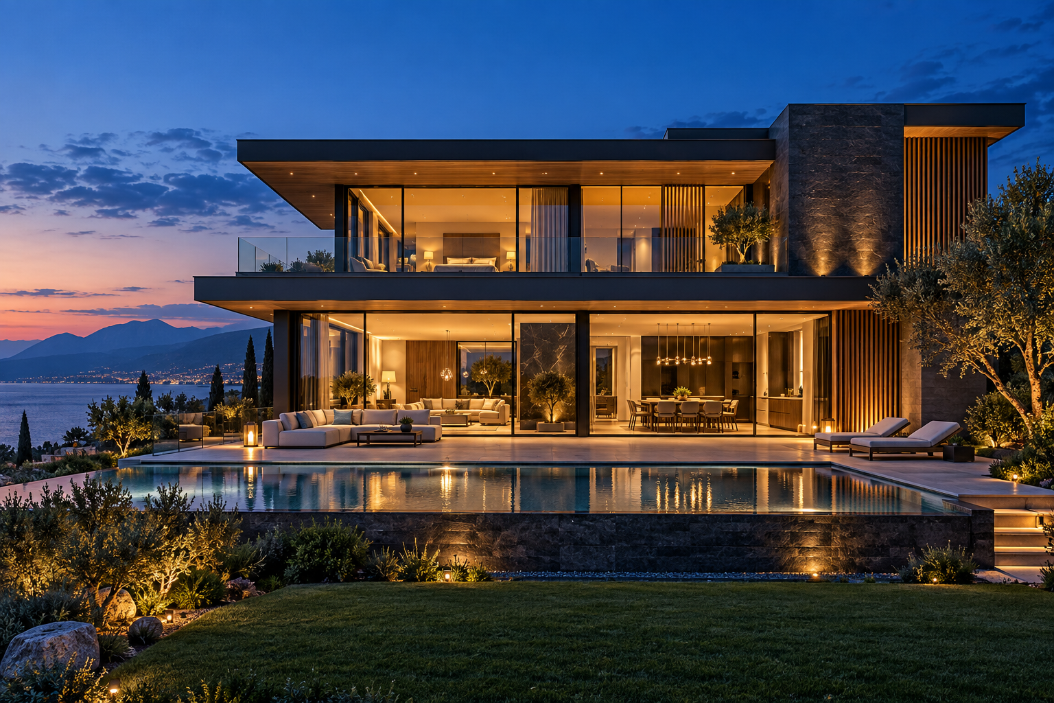Villa contemporaine à la tombée de la nuit, illustration