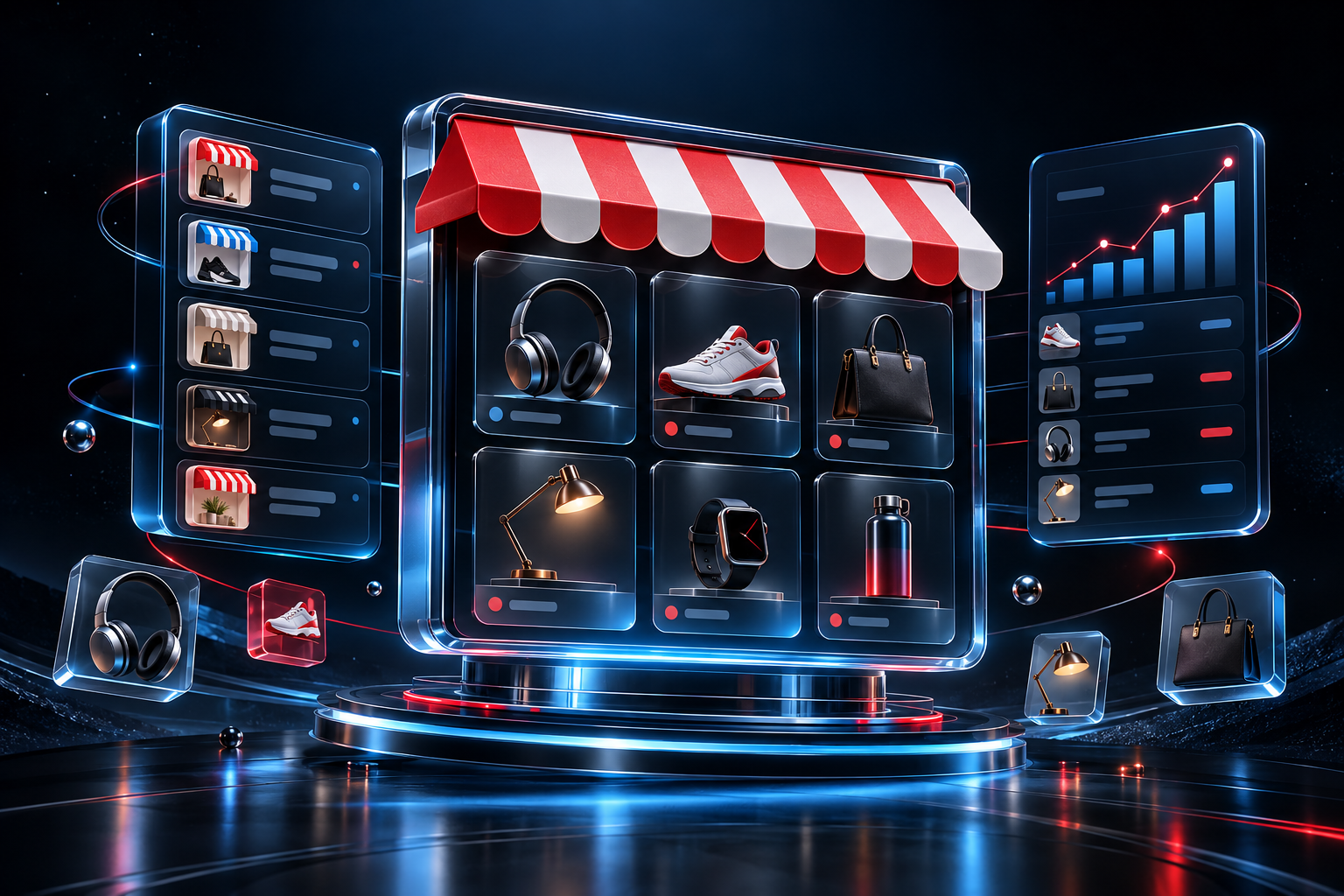 Boutique multi-vendeurs et tableaux de bord, illustration 3D