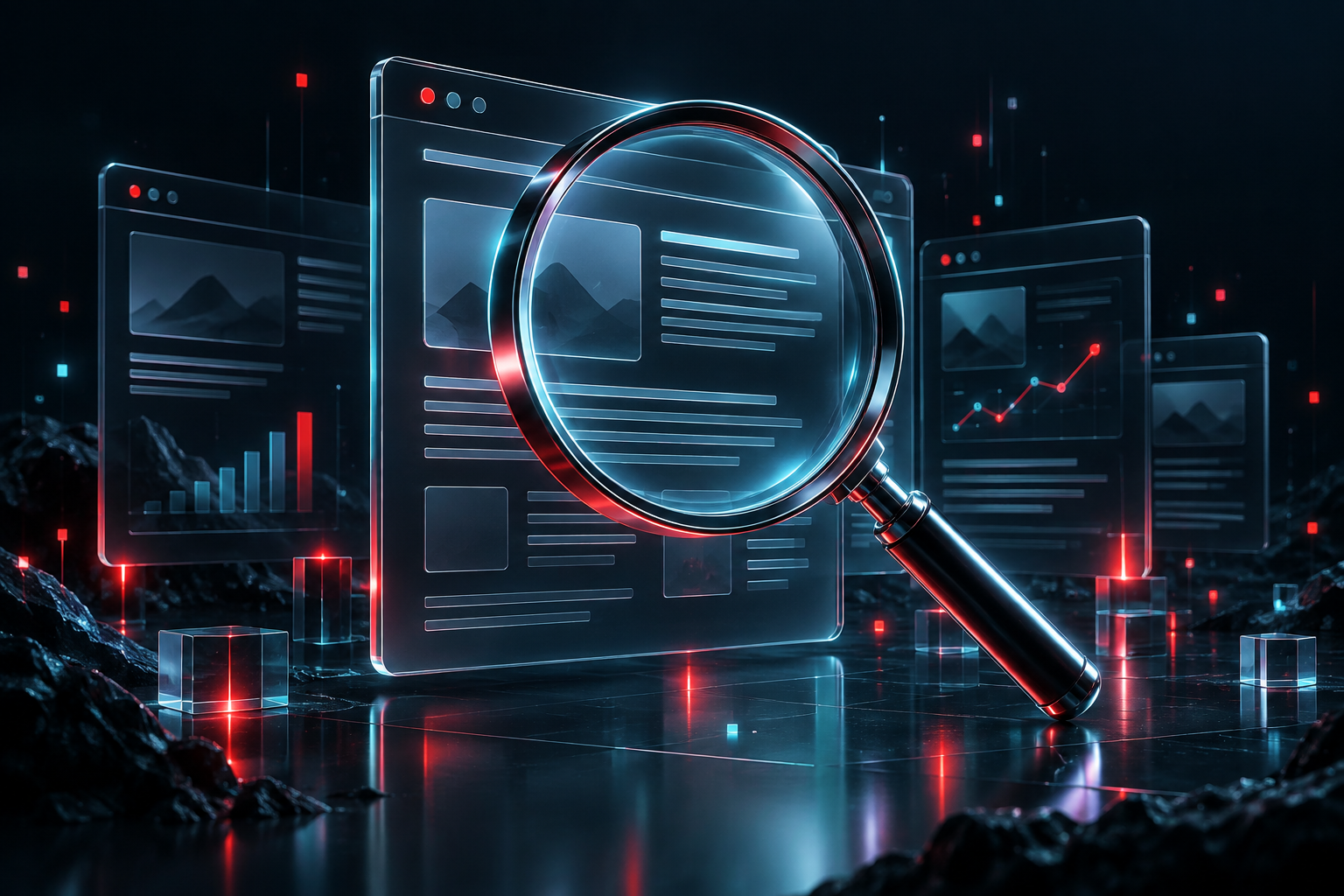 Analyse de pages web à travers une loupe, illustration 3D