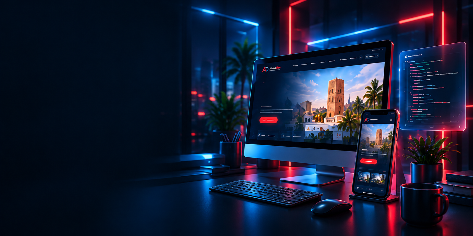 Interfaces web sur ordinateur et mobile, dans un univers 3D bleu et rouge